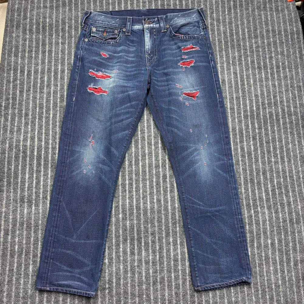 True Religion Geno Jeans 34 Blue Excellent Distressed Red Backing (2343)